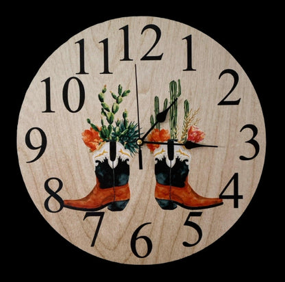 Clock Wall Western Country Boots Cactus Floral Aussie Made - The Renmy Store Homewares & Gifts 