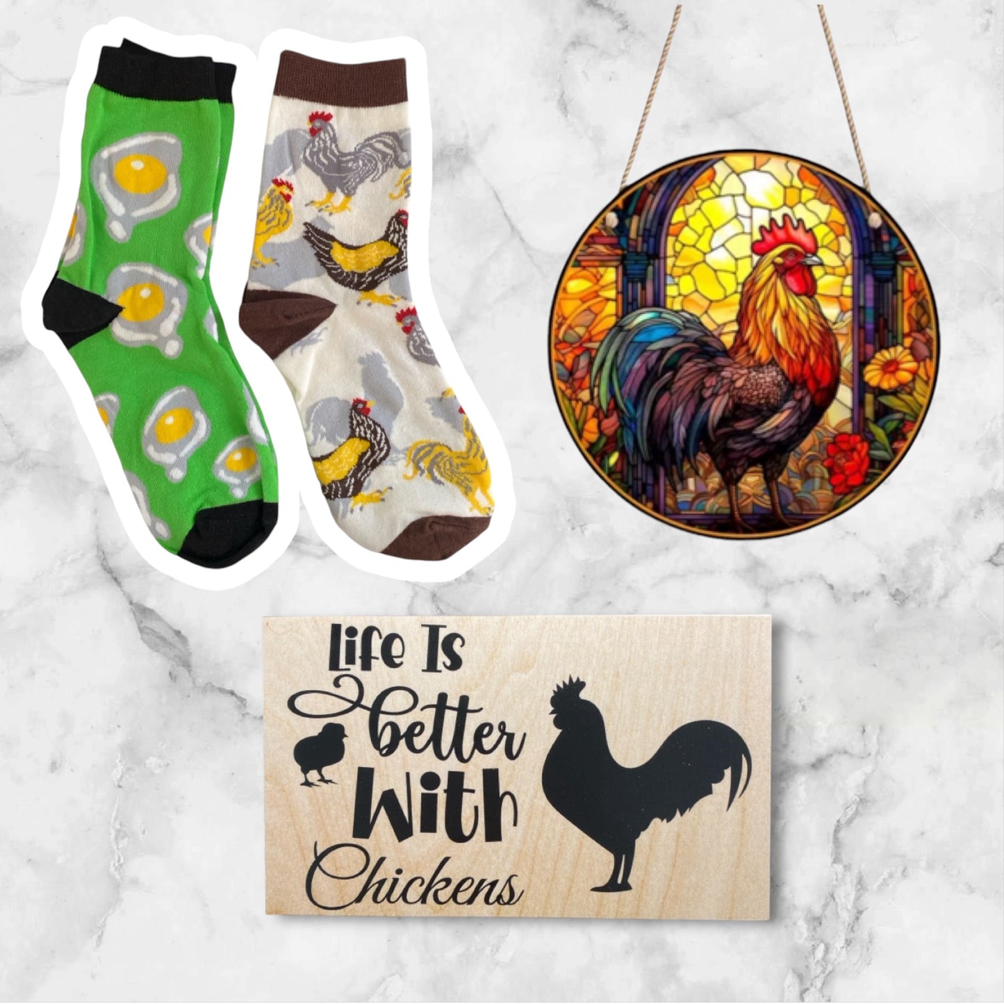 Rooster Socks Suncatcher Life Better With Chickens Sign Gift Set