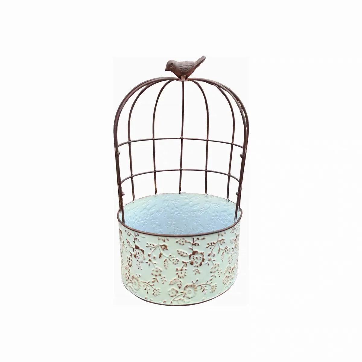 Vintage Birdcage Metal Planter with Bird Finial | Distressed Embossed Floral Iron Flower Pot | Rustic Garden, Patio & Balcony Decor