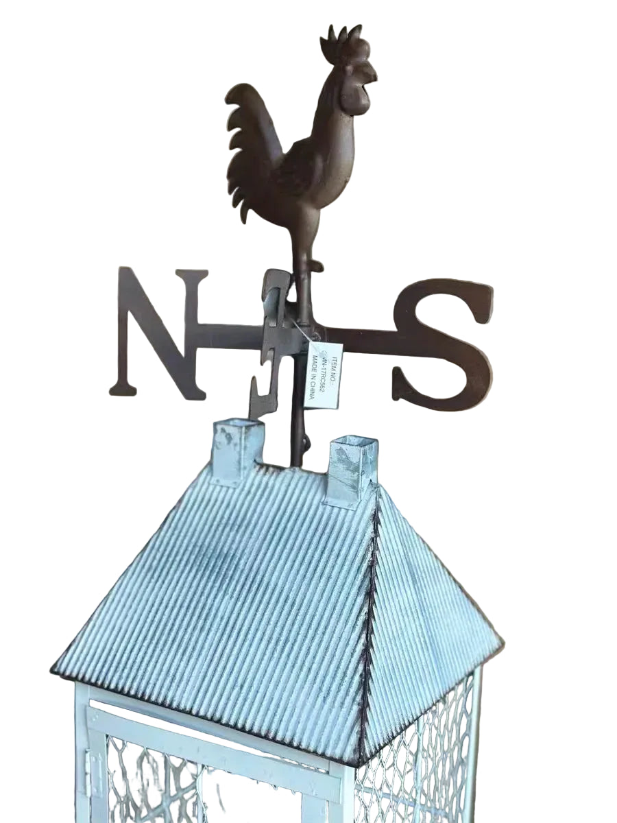 Rooster Weather Vane Lantern Cage | Rustic Iron Farmhouse Decor | 66cm