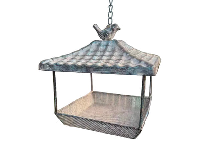 Hanging Metal Bird Feeder with Chain | Vintage Distressed Iron Birdhouse Seed Tray | Garden, Patio & Balcony Decor