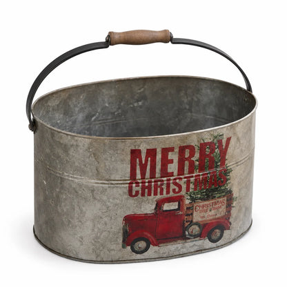 Christmas Red Truck Metal Bucket with Handle | Vintage Galvanised Oval Tub Planter | Farmhouse Holiday Storage & Home Decor