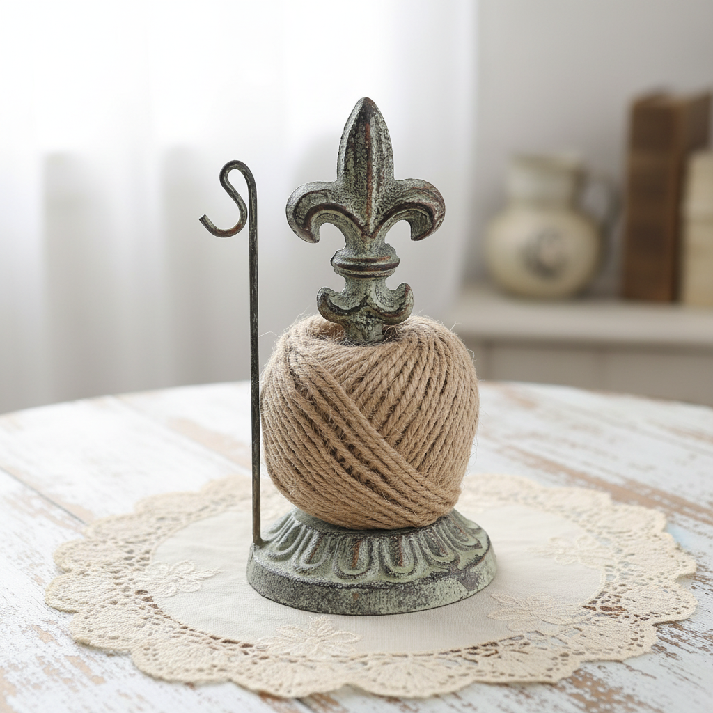 French Provincial Cast Iron Twine Holder & Rope Dispenser | Vintage Fleur de Lis String Holder