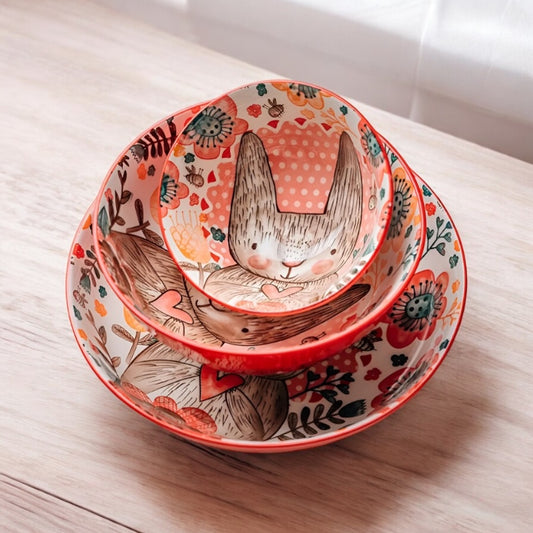 Rabbit Hand Painted Bowl Plate Ceramic