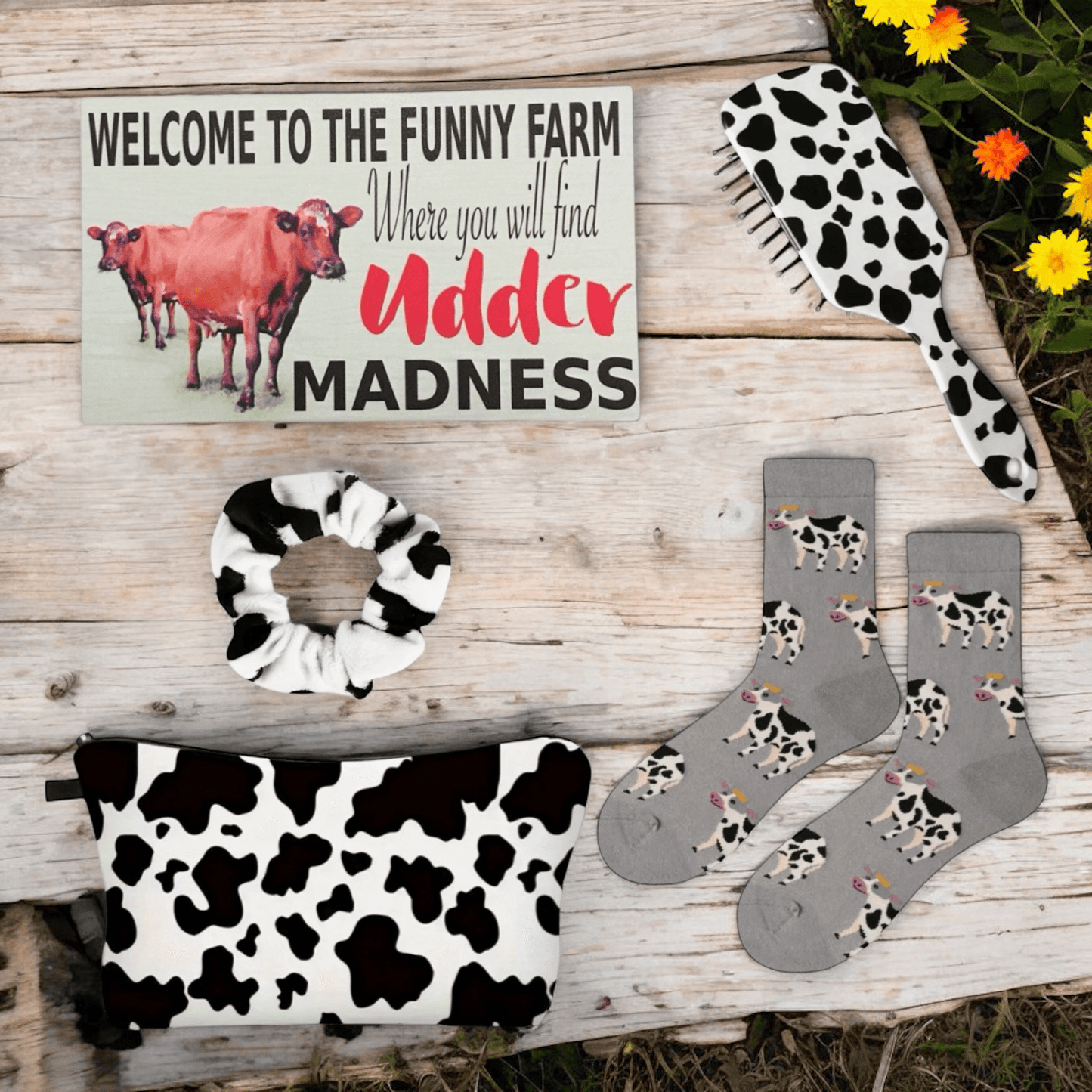 Cow Lover Bag Socks Hair Brush Scrunchie Sign Gift Set - The Renmy Store Homewares & Gifts 