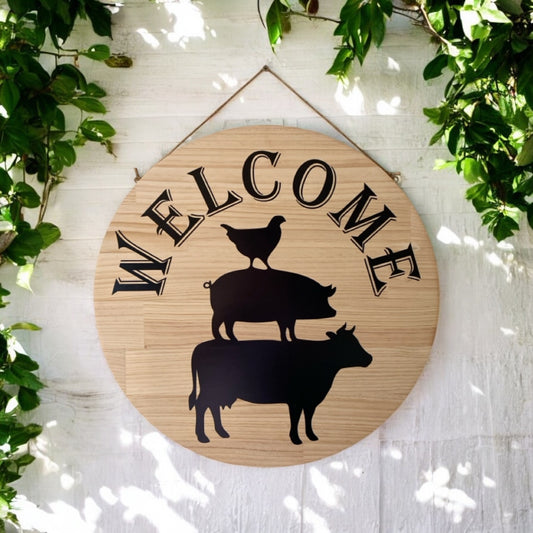 Welcome Farmhouse Chicken Pig Cow Wood Sign