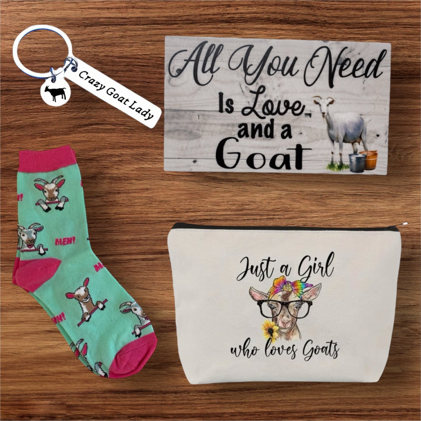 Goat Lover Socks Keyring Bag Love and Goat Sign Gift Set