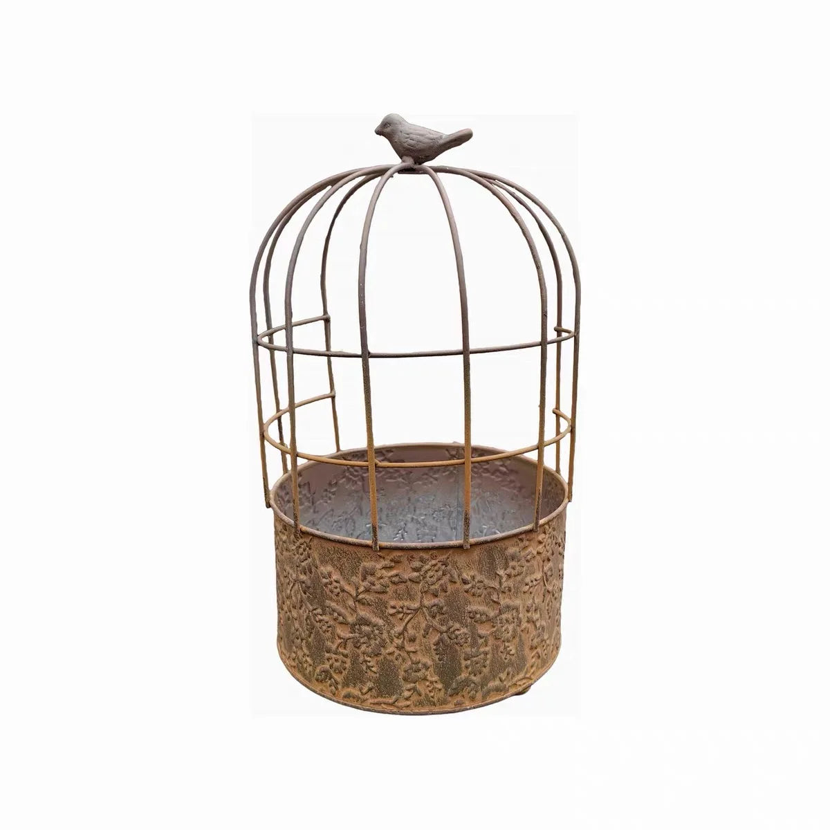 Vintage Birdcage Metal Planter with Bird Finial | Distressed Embossed Floral Iron Flower Pot | Rustic Garden, Patio & Balcony Decor