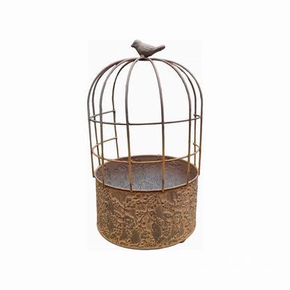 Vintage Birdcage Metal Planter with Bird Finial | Distressed Embossed Floral Iron Flower Pot | Rustic Garden, Patio & Balcony Decor