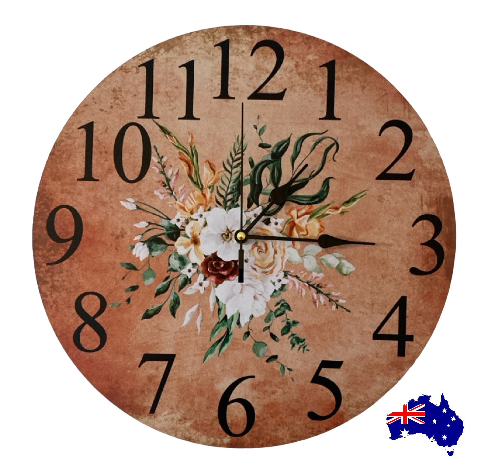 Clock Wall Floral Warm Flowers Country Cottage Aussie Made - The Renmy Store Homewares & Gifts 