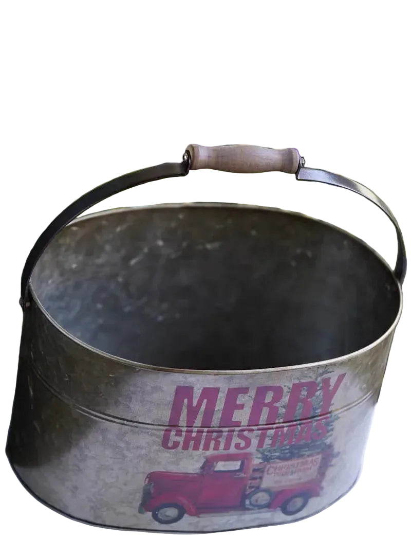 Christmas Red Truck Metal Bucket with Handle | Vintage Galvanised Oval Tub Planter | Farmhouse Holiday Storage & Home Decor