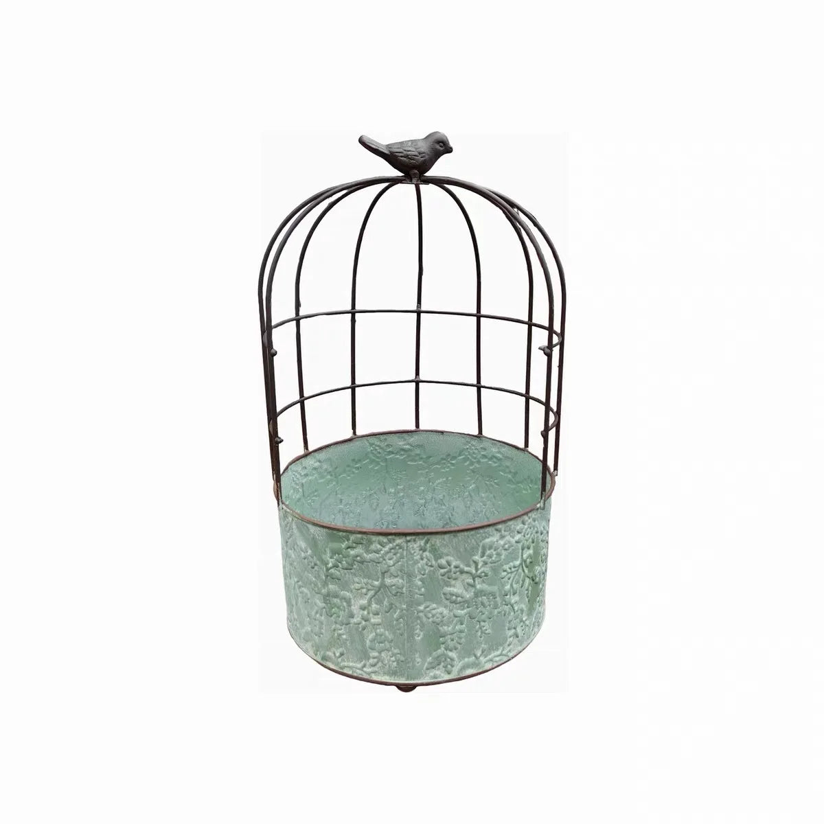Vintage Birdcage Metal Planter with Bird Finial | Distressed Embossed Floral Iron Flower Pot | Rustic Garden, Patio & Balcony Decor