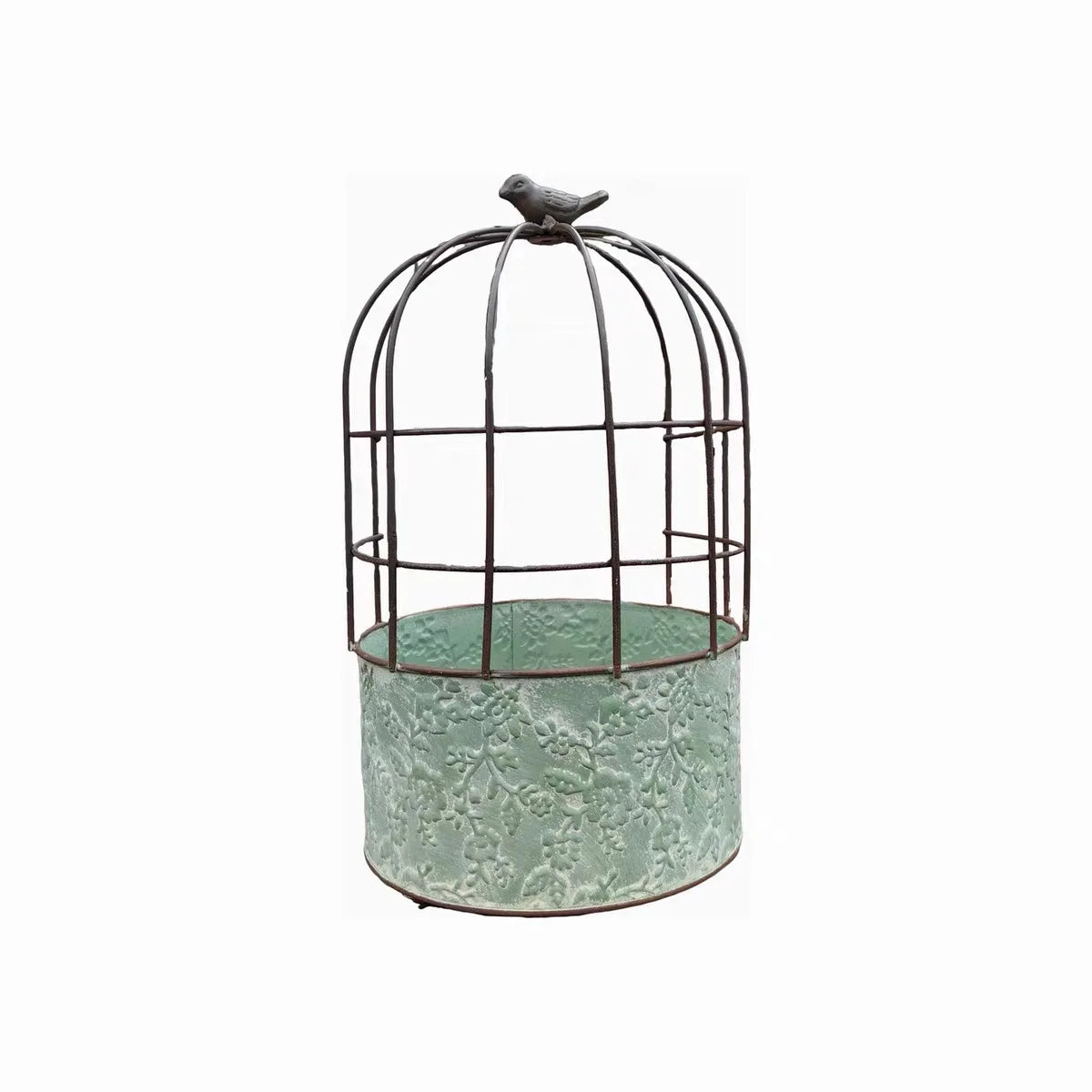 Vintage Birdcage Metal Planter with Bird Finial | Distressed Embossed Floral Iron Flower Pot | Rustic Garden, Patio & Balcony Decor