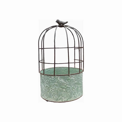 Vintage Birdcage Metal Planter with Bird Finial | Distressed Embossed Floral Iron Flower Pot | Rustic Garden, Patio & Balcony Decor