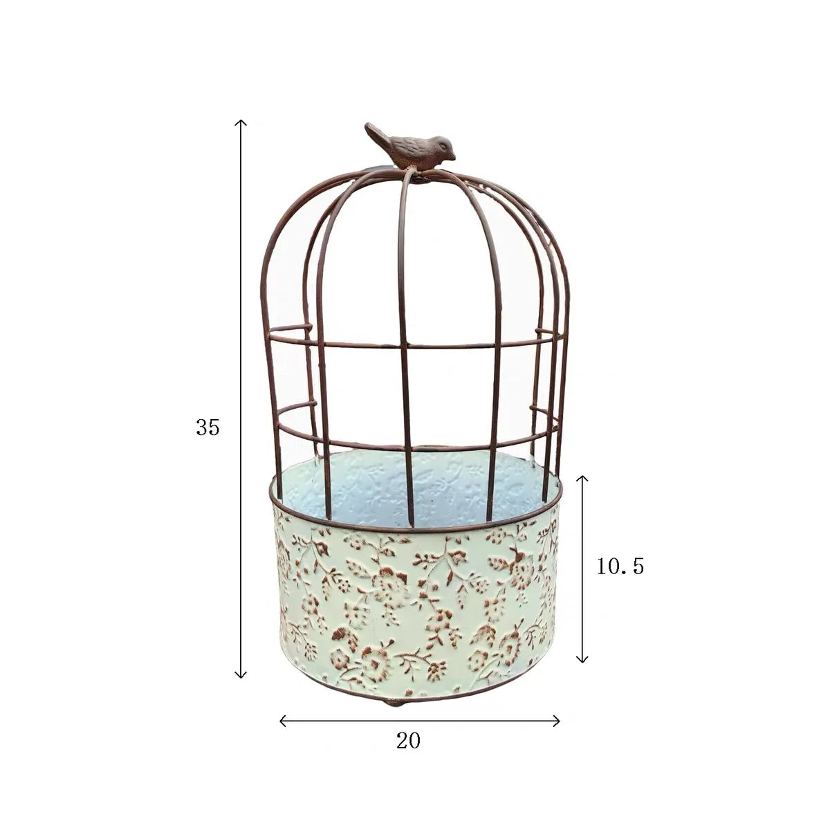 Vintage Birdcage Metal Planter with Bird Finial | Distressed Embossed Floral Iron Flower Pot | Rustic Garden, Patio & Balcony Decor