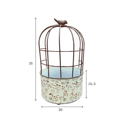 Vintage Birdcage Metal Planter with Bird Finial | Distressed Embossed Floral Iron Flower Pot | Rustic Garden, Patio & Balcony Decor