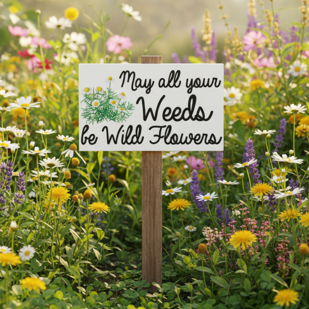 Sign in a field of wildflowers with text 'May all your weeds be wild flowers'.