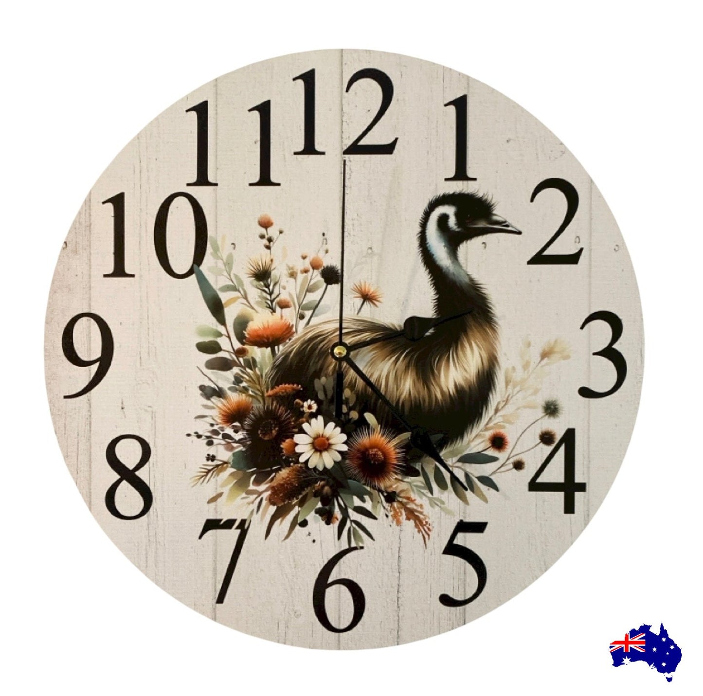 Clock Wall Emu Bird Floral 30cm 60cm Aussie Made