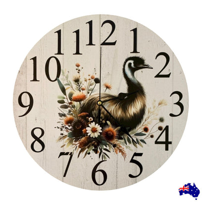 Clock Wall Emu Bird Floral 30cm 60cm Aussie Made