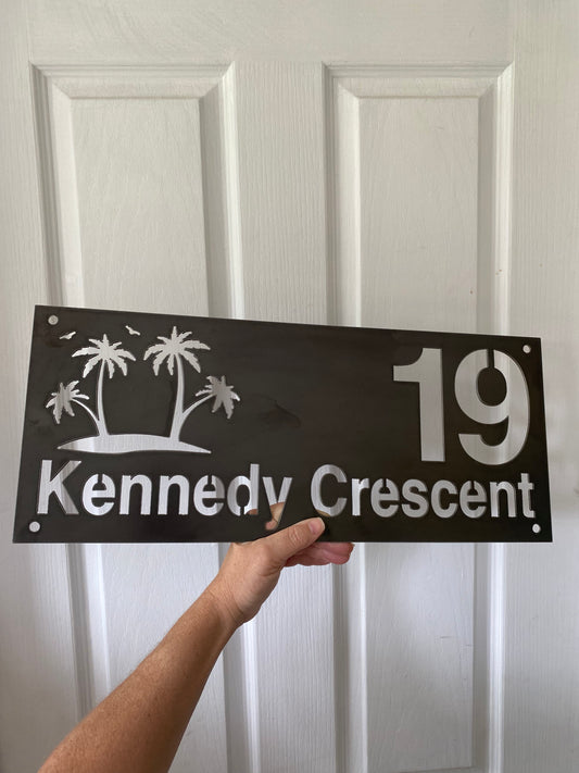 Custom Tropical Beach Number Address Sign - Personalised Rusty Metal Steel Sign - Australian Made