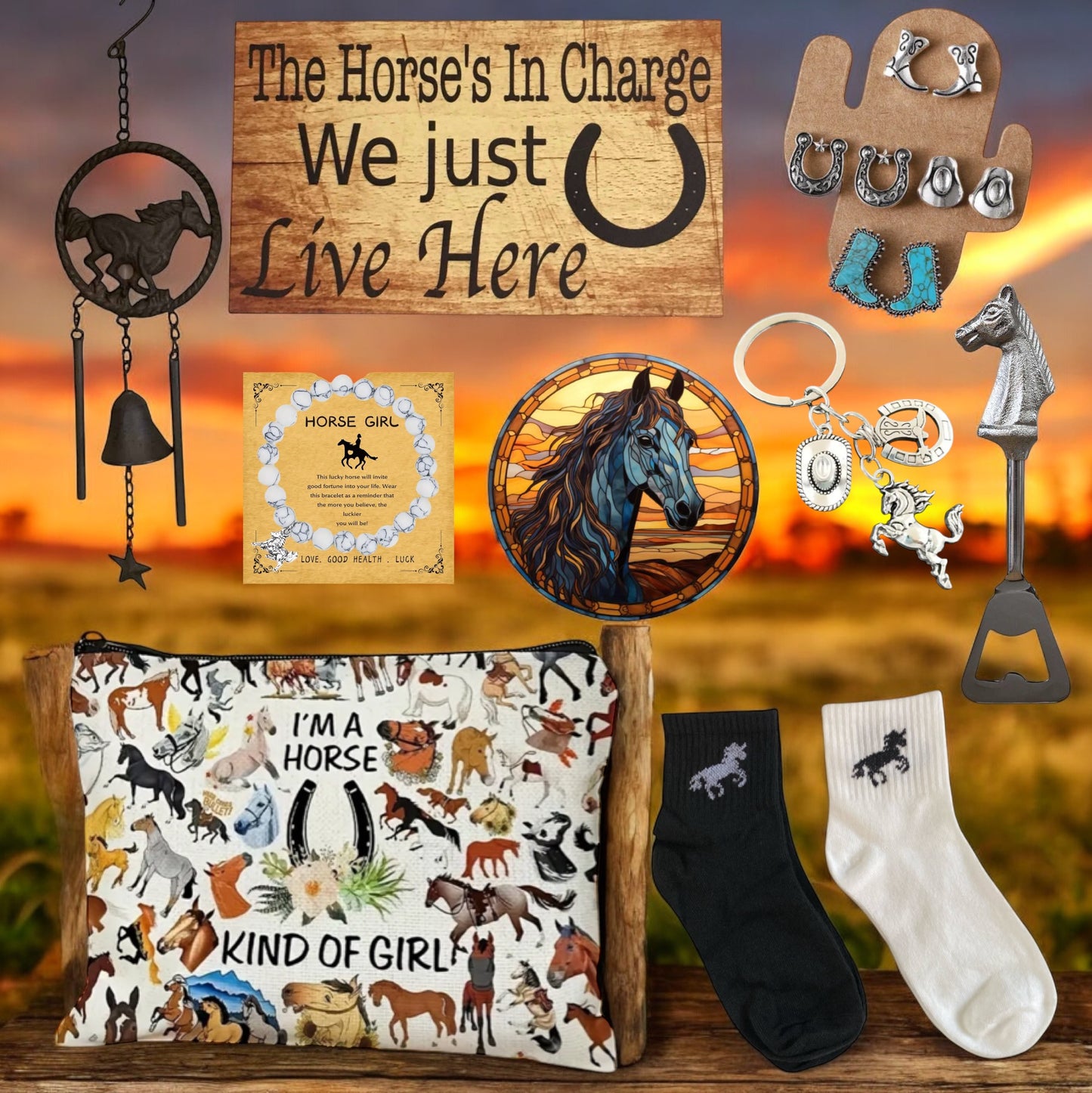 Horse Lover Bag Socks Cast Iron Bell Earrings Bracelet Sign Gift Set