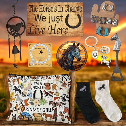 Horse Lover Bag Socks Cast Iron Bell Earrings Bracelet Sign Gift Set - The Renmy Store Homewares & Gifts 