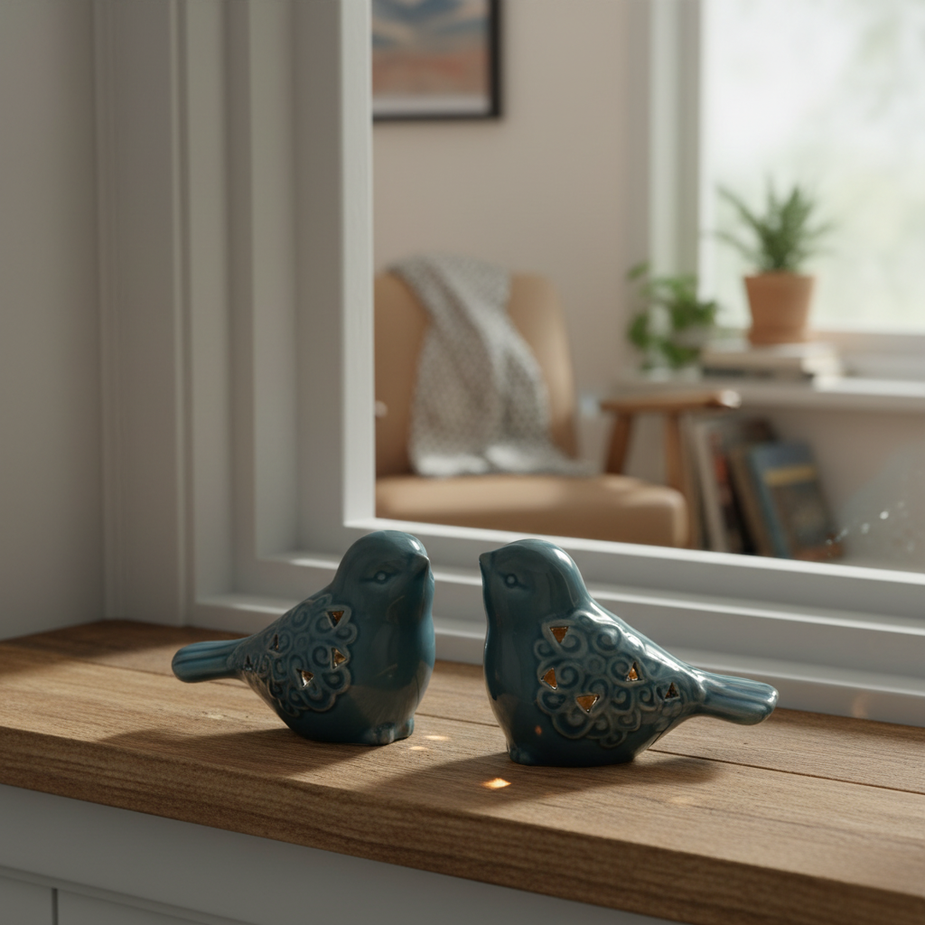 Blue Bird Ornament Set of 2 | Ceramic Cottage Garden Decor 7cm