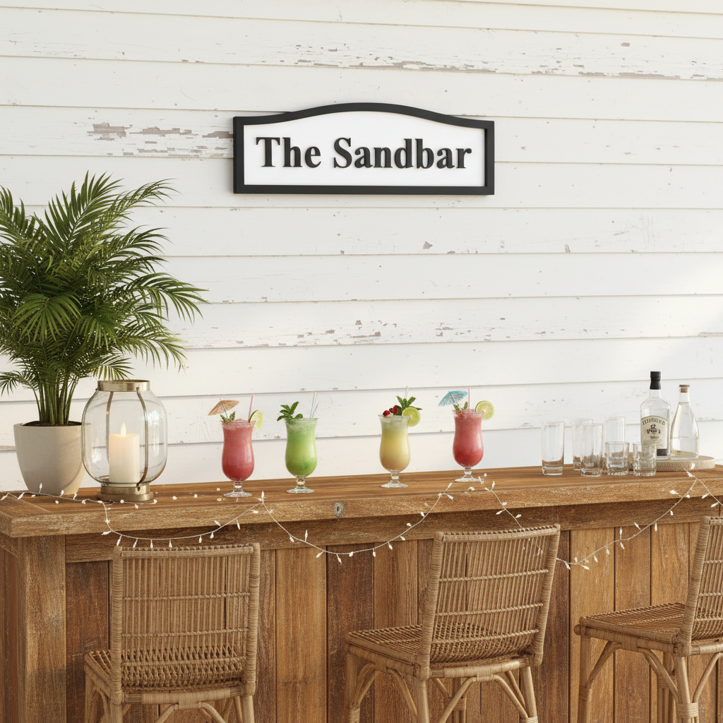 Wooden bar with colorful cocktails, chairs, and a 'The Sandbar' sign on a white wooden wall.