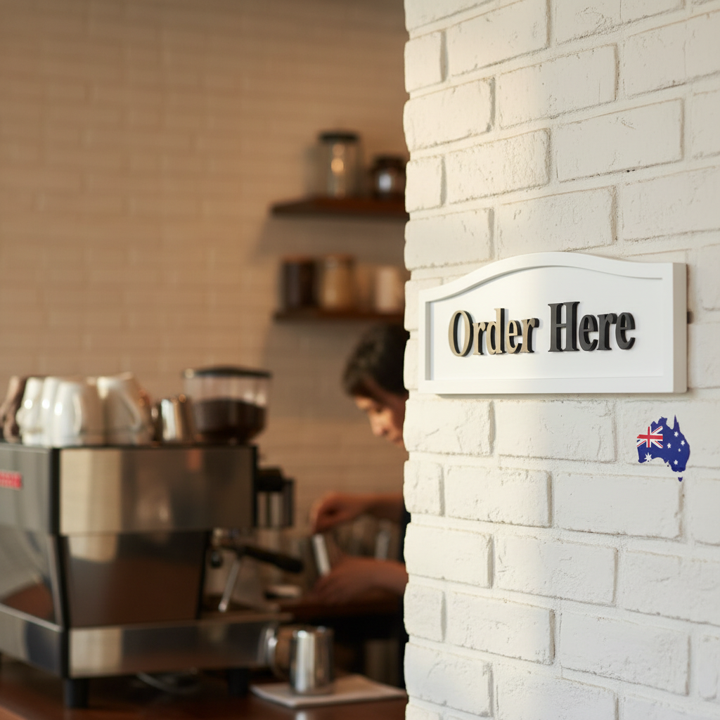 Coffee shop interior with a 'Order Here' sign and coffee machine.