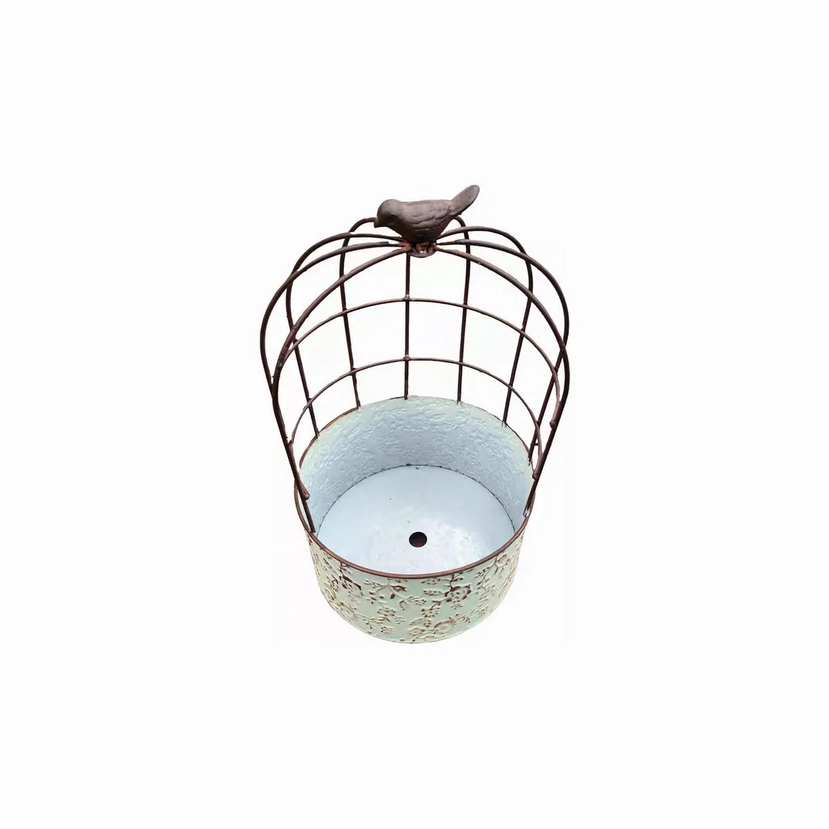 Vintage Birdcage Metal Planter with Bird Finial | Distressed Embossed Floral Iron Flower Pot | Rustic Garden, Patio & Balcony Decor