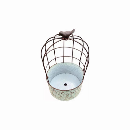 Vintage Birdcage Metal Planter with Bird Finial | Distressed Embossed Floral Iron Flower Pot | Rustic Garden, Patio & Balcony Decor