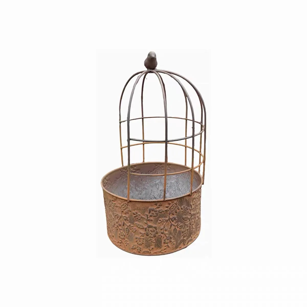Vintage Birdcage Metal Planter with Bird Finial | Distressed Embossed Floral Iron Flower Pot | Rustic Garden, Patio & Balcony Decor