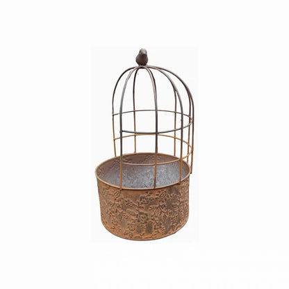 Vintage Birdcage Metal Planter with Bird Finial | Distressed Embossed Floral Iron Flower Pot | Rustic Garden, Patio & Balcony Decor