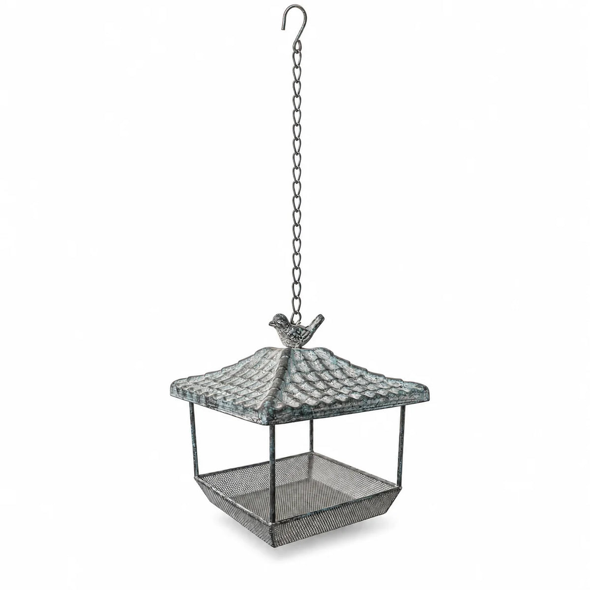 Hanging Metal Bird Feeder with Chain | Vintage Distressed Iron Birdhouse Seed Tray | Garden, Patio & Balcony Decor