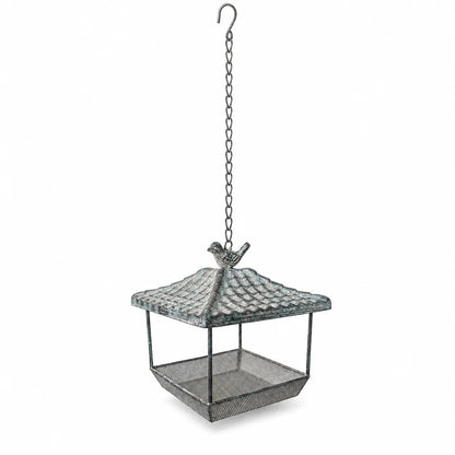 Hanging Metal Bird Feeder with Chain | Vintage Distressed Iron Birdhouse Seed Tray | Garden, Patio & Balcony Decor