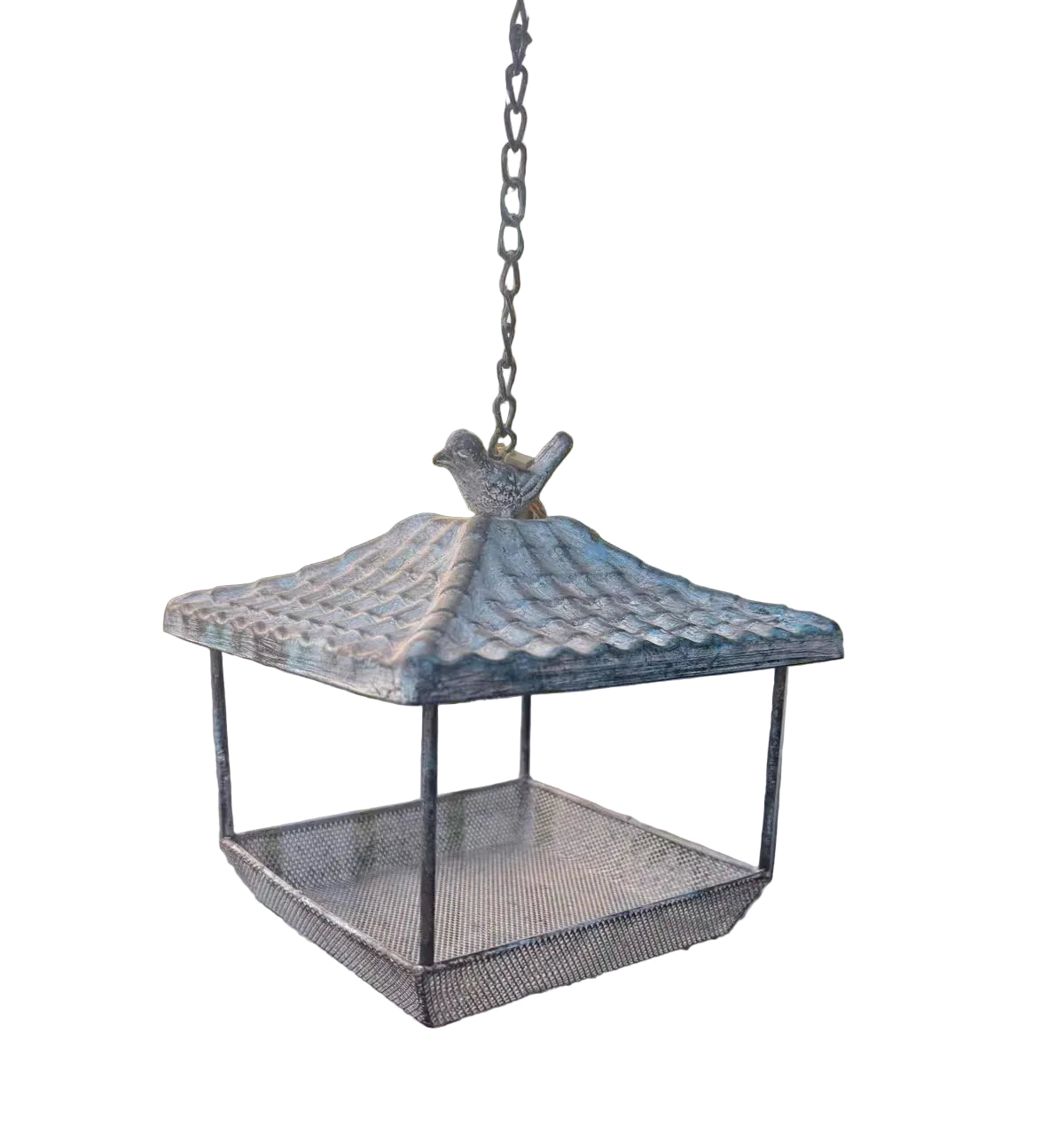 Hanging Metal Bird Feeder with Chain | Vintage Distressed Iron Birdhouse Seed Tray | Garden, Patio & Balcony Decor