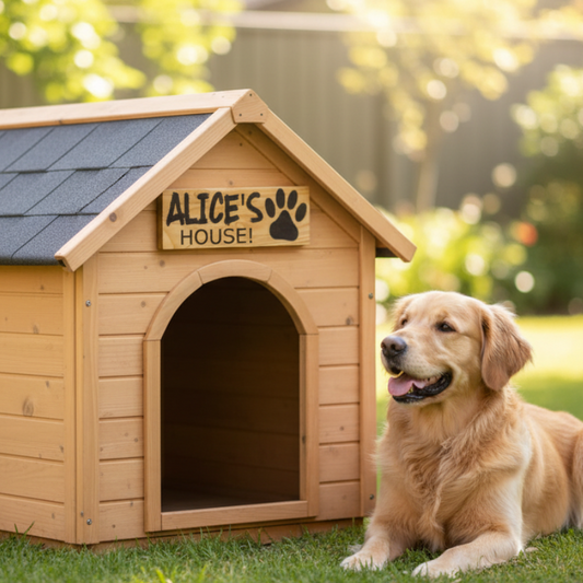 Dog Kennel Sign Custom Personalised - Dark Timber Wood Look Paw