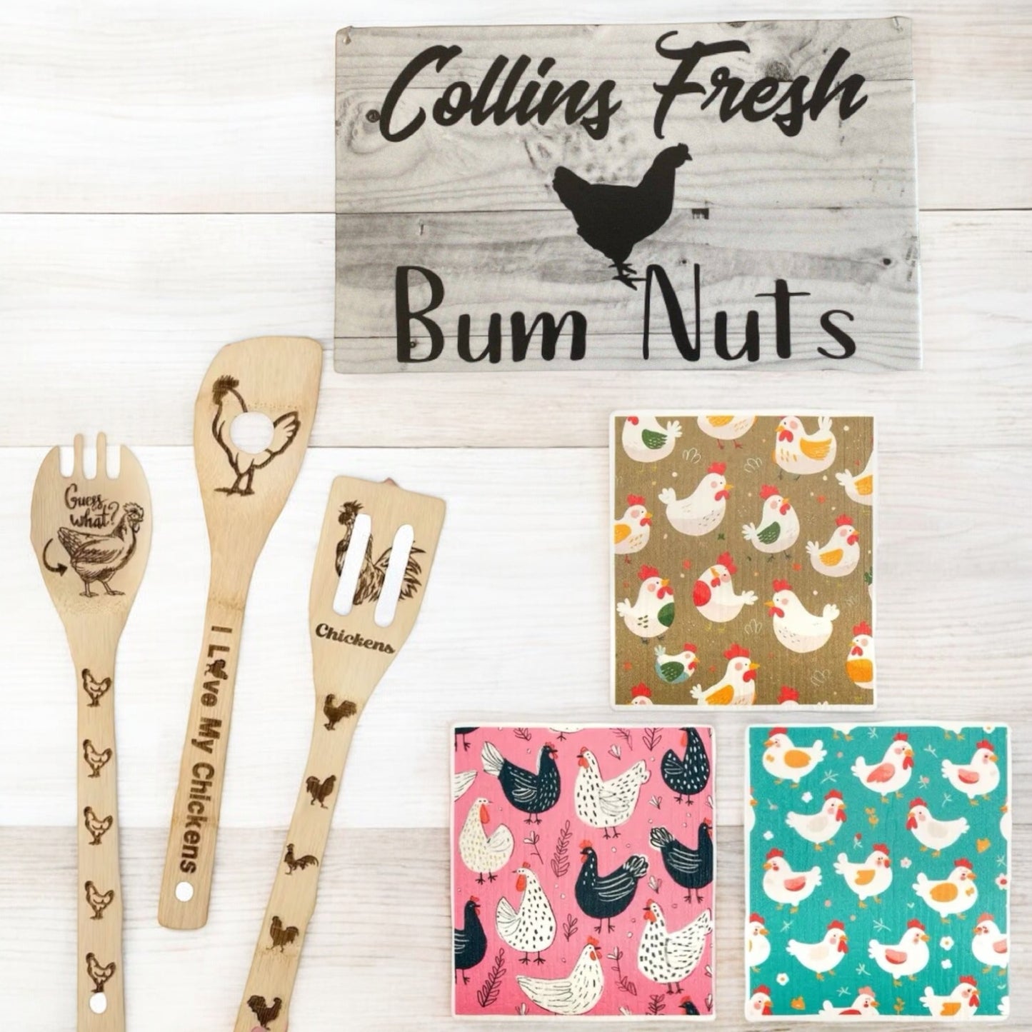 Chicken Lover Utensils Dish Cloths Personalised Kitchen Sign Gift Set