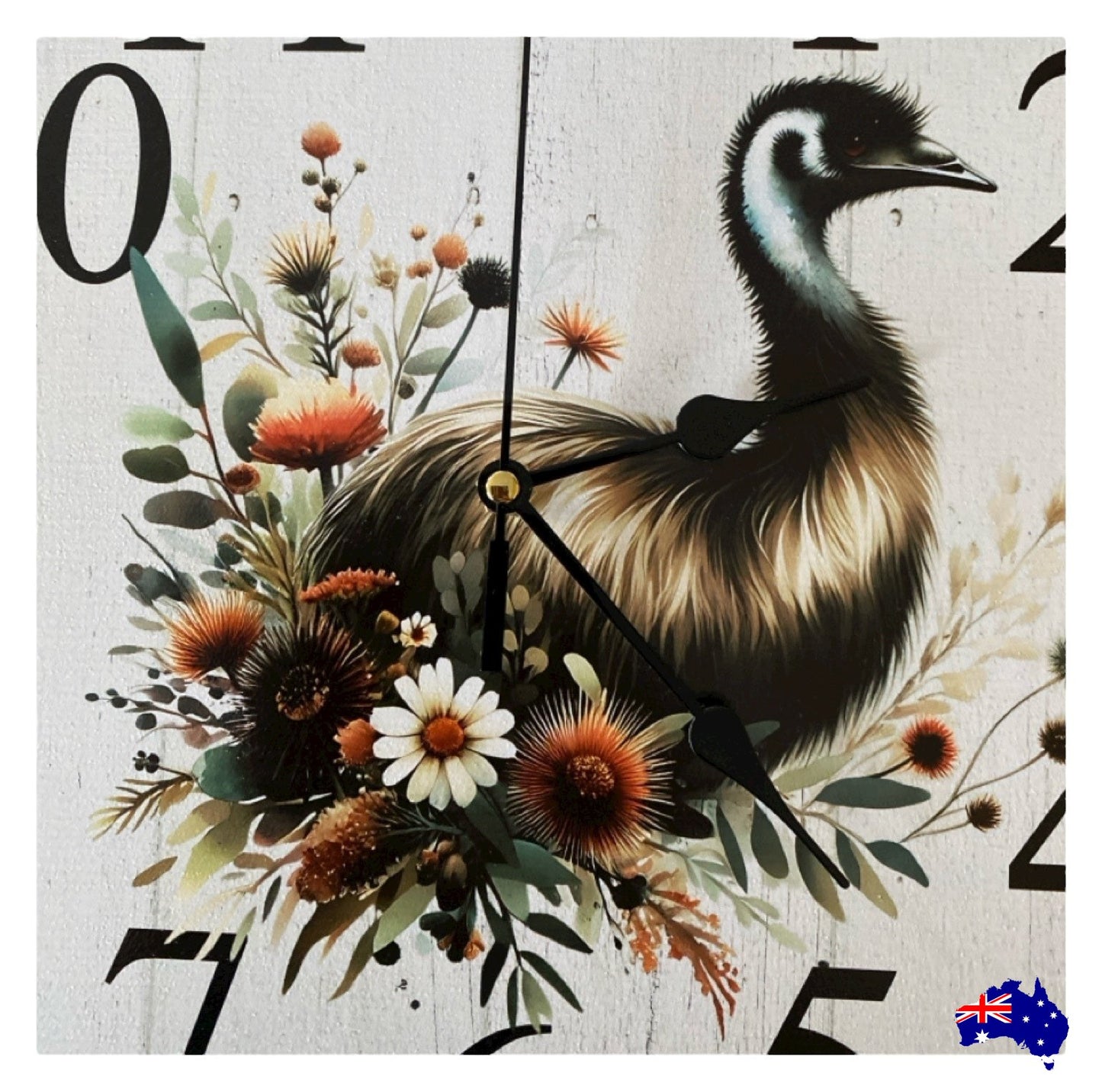 Clock Wall Emu Bird Floral 30cm 60cm Aussie Made