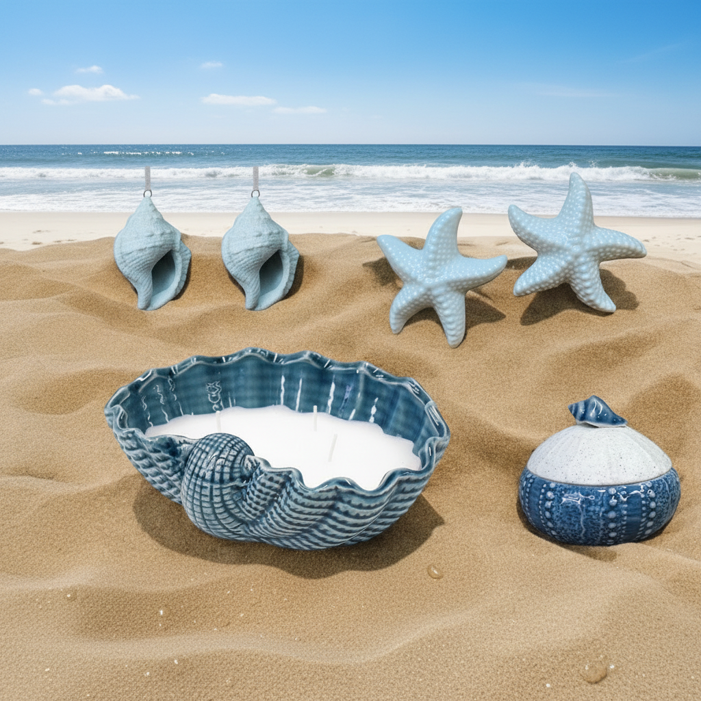 Coastal Gift Set | Shell Candle, Blue Trinket Dish, Starfish & Hanging Shells | Beach House Hamper