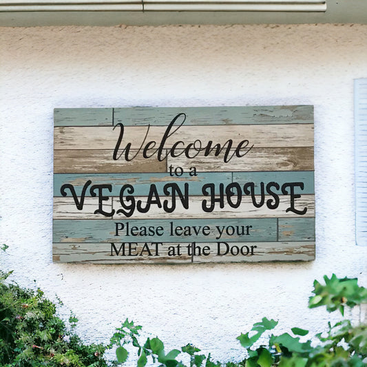 Welcome Vegan House Leave Meat At The Door Blue Sign - The Renmy Store Homewares & Gifts 