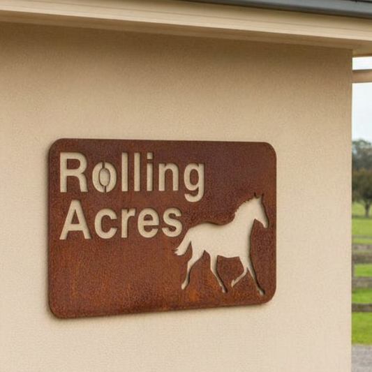Custom Horse Rolling Acres Property House Gate Sign - Personalised Rusty Metal Steel Sign - Australian Made