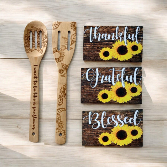 Sunflower Utensils Thankful Grateful Blessed Sign Gift