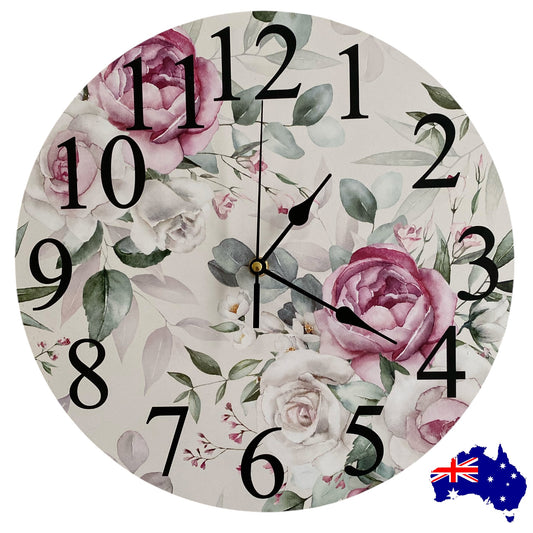 Pink White Rose Floral Wall Clock | Aussie Made 30cm & 60cm Silent Clock