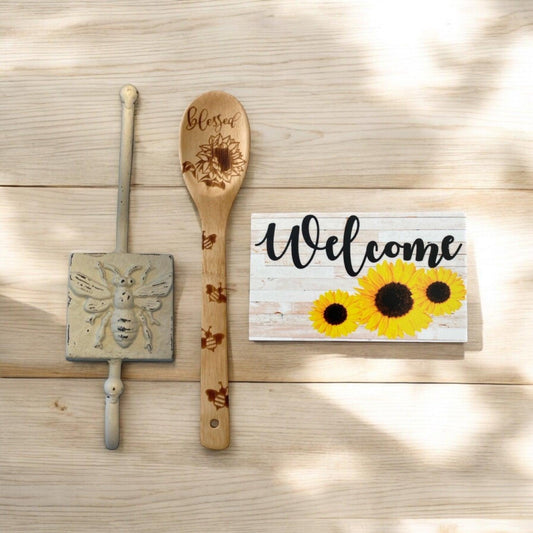 Sunflower Bee Utensils Iron Hook Welcome Sign Gift