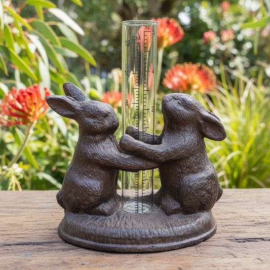 Rain Gauge Rabbit Friends Cast Iron Garden Decor