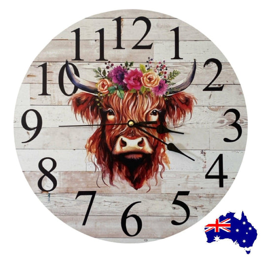 Clock Wall Cow Highland Floral Pink Purple Aussie Made