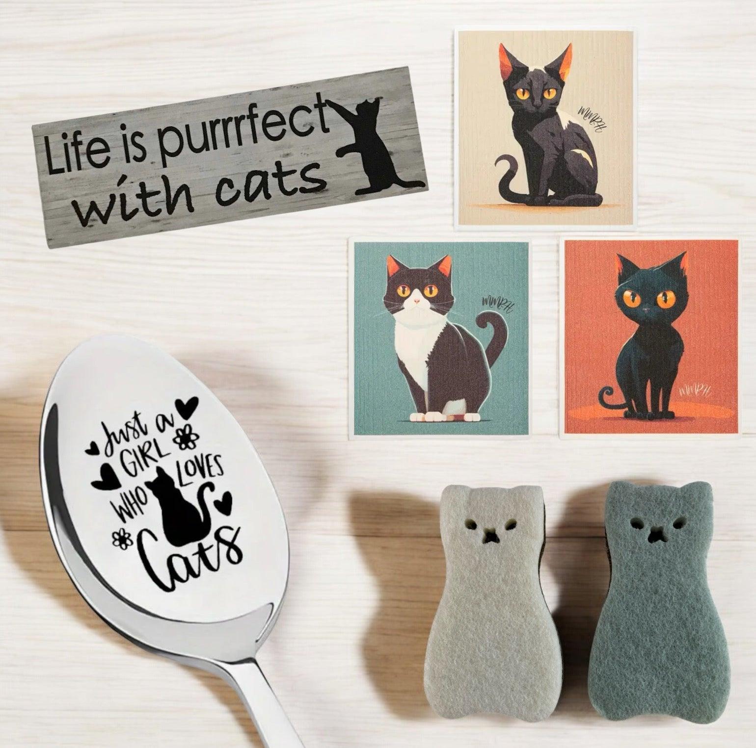 Cat Dish Cloths Spoon Sponges Life Is Perfect Cats Sign Gift Set - The Renmy Store Homewares & Gifts 