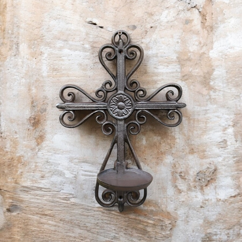 Candle Wall Holder Cross Rustic Cast Iron