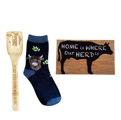 Cow Lover Wood Utensils Socks Funny Sign Gift Set - The Renmy Store Homewares & Gifts 